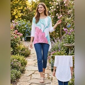 Go Couture White and Pink Floral Long Sleeve Top